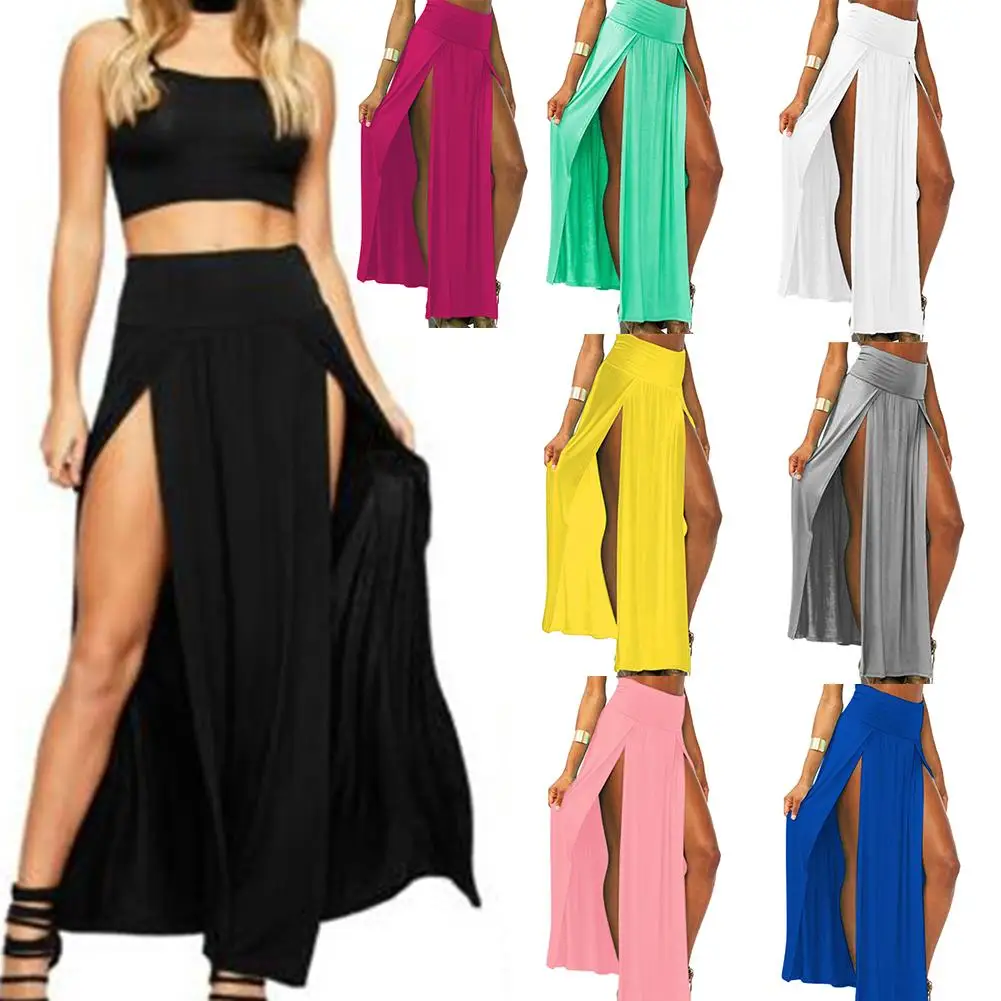 

Sexy Women Solid Color High Waist Double Side Slit Cocktail Full-length Skirt
