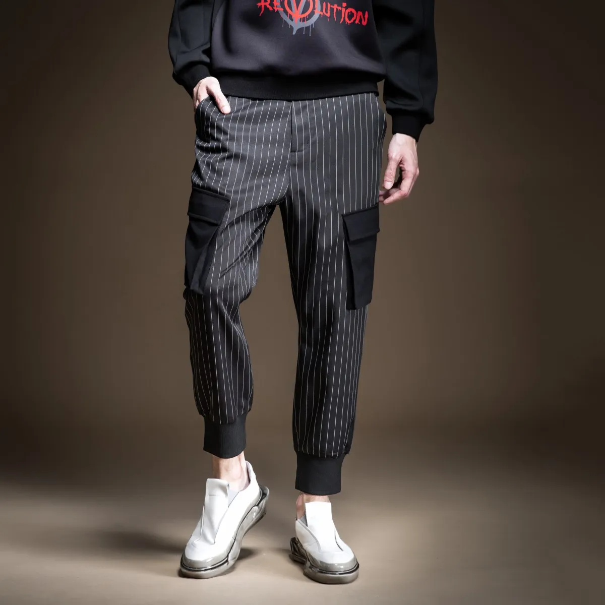 

Pinli 2020 Spring New Slim fashion striped casual men's cropped pants overalls trousers conventional high quality B201217032