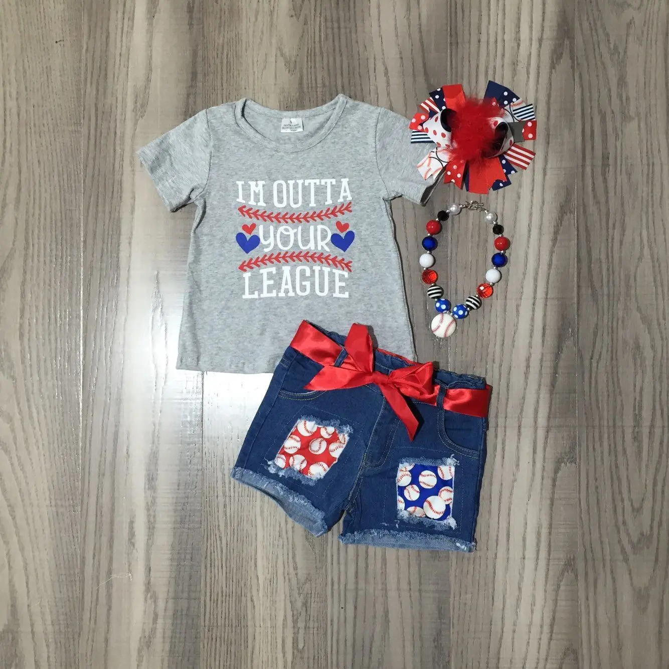 

Summer Baby Girls Grey Shirt Denim Shorts Baseball Jeans Outfit with Bow and Necklace