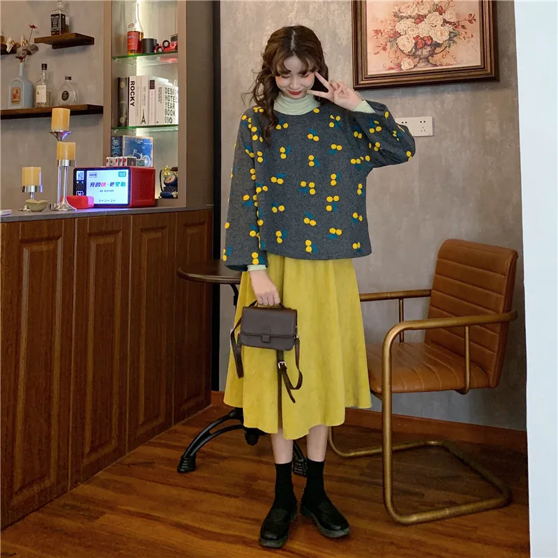 Autumn Winter Plus Size 2 Piece Sets Womens Outfits Vintage Harajuku Long Sleeve Cherry Blouse And High Waist Midi Skirt Set |