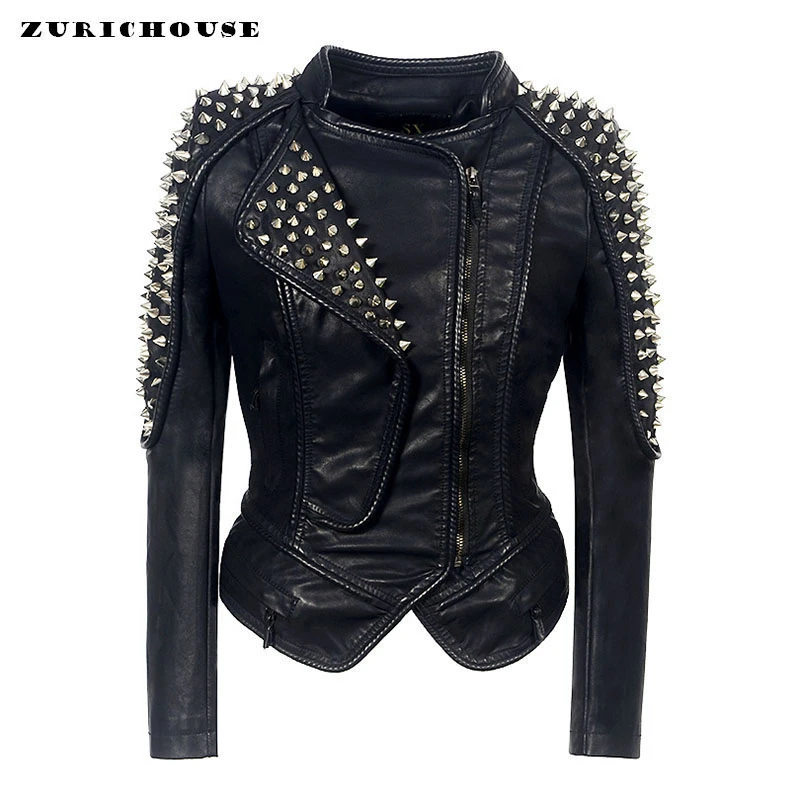 

ZURICHOUSE Punk Leather Jacket Women European Style Rock Metal Rivet Zipper Jacket Plus Size Faux Leather Biker Jacket Woman