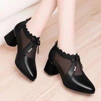soft leather thick heel lady shoes spring and summer low heeled sandals mid heel mesh middle aged elderly breathable single shoe