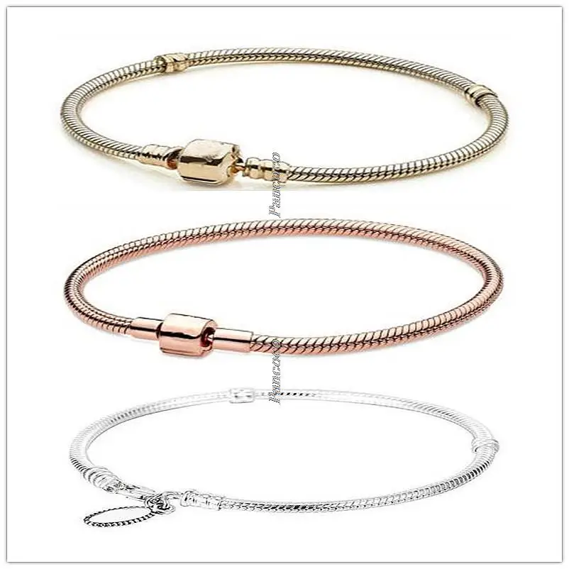 

Original 925 Sterling Silver Bracelet Rose Moments Barrel Clasp Snake Chain Bracelet Bangle Fit Bead Charm Diy Fashion Jewelry