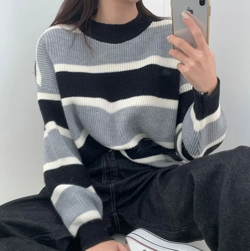 

Женский вязаный свитер в полоску, Свободный пуловер с круглым вырезом и длинным рукавом, утепленный свитер в стиле ретро, Осень-зима 2021