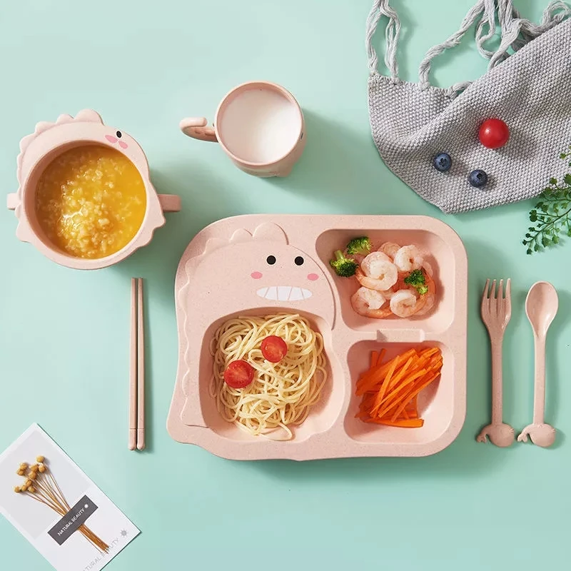 

6Pcs/ Set Baby Cutlery Dinosaur Tableware Children's Dinnerware Set Home Anti-hot Wheat Straw Training Plate Kids Feeding Dishes