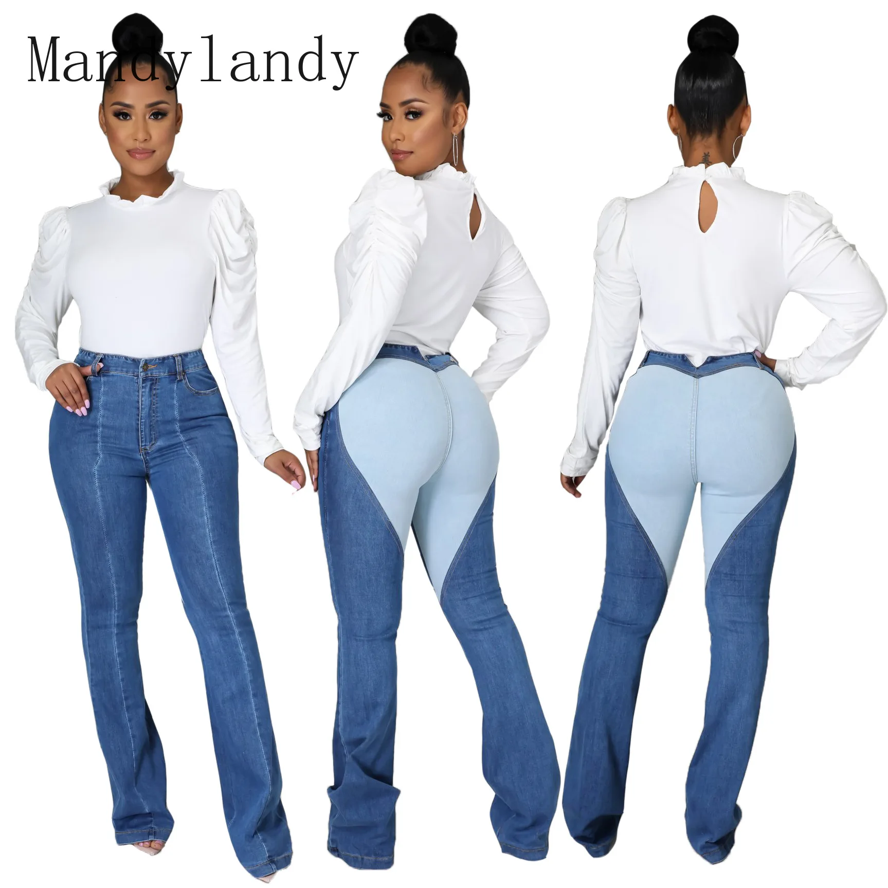 

Mandylandy High Waist Jeans Women's Casual Slim Fit Patchwork Denim Pants Spring and Autumn Fashion Skinny Straight Jeans