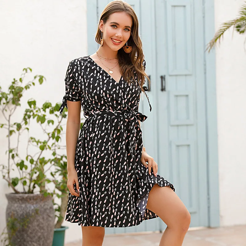 

Women Dress Summer 2020 Chiffon Floral Short-sleeved Sexy V-neck Large Swing Party Beach Elegant Casual