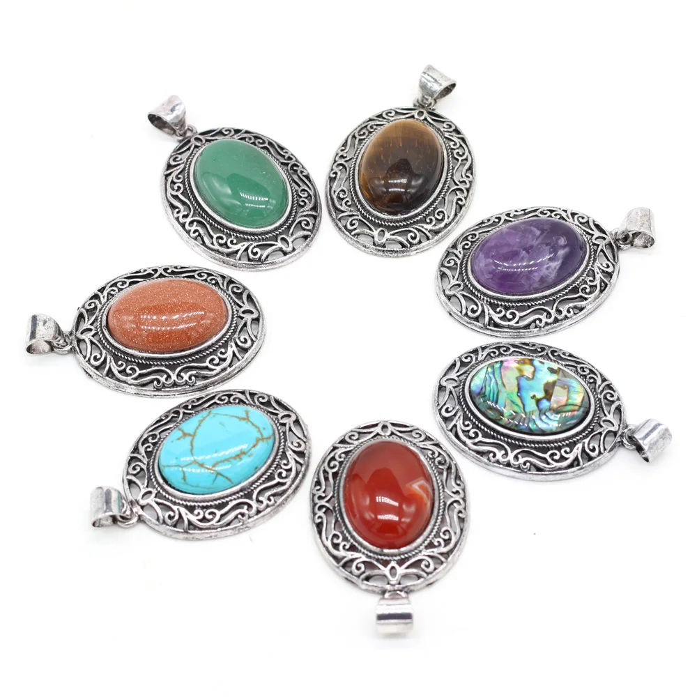

Charms Natural Rose Quartzs Amethysts Pendant Egg Shape Agates Stone Pendant for Making Jewelry Necklace Exquisite Gift 33x45mm