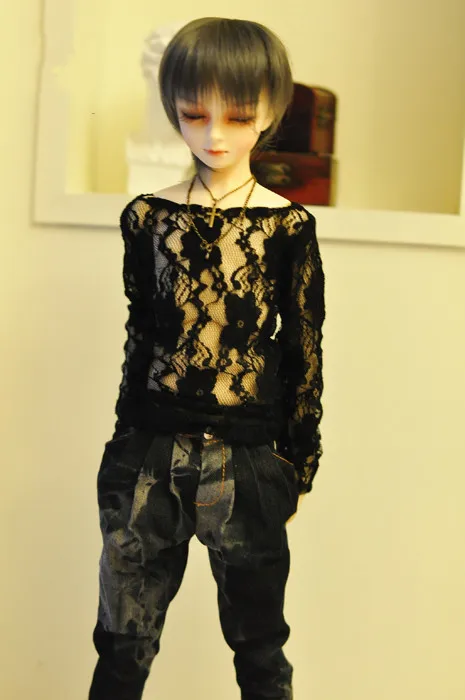 

BJD doll clothes is suitable for 1/3 1/4 Uncle size black lace one-neck see-through net shirt top doll accessories