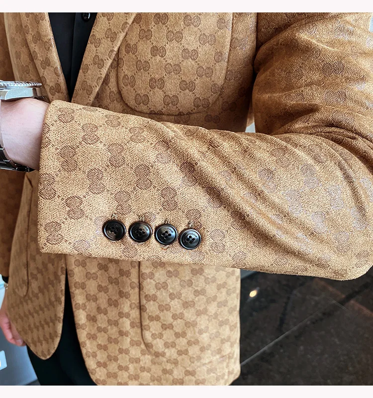 

2021 Men Blazers British Style Printed Blazer Wedding Business Casual Suit Jacket Streetwear Social Coat