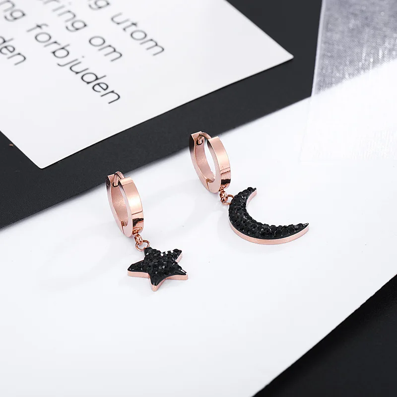 The Stars of Moon Stud Earrings Titanium Stainless Steel Inlaid Zircon Rose Gold Fashion Trendy Women Jewelry Gift | Украшения и
