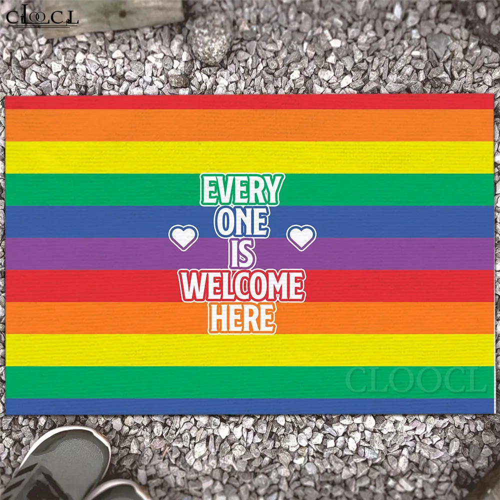 

CLOOCL Gay Pride Doormat 3D Graphic Everyone Is Welcome Here Rainbow Entrance Carpets Flannel Doormats Funny Fashion Mat