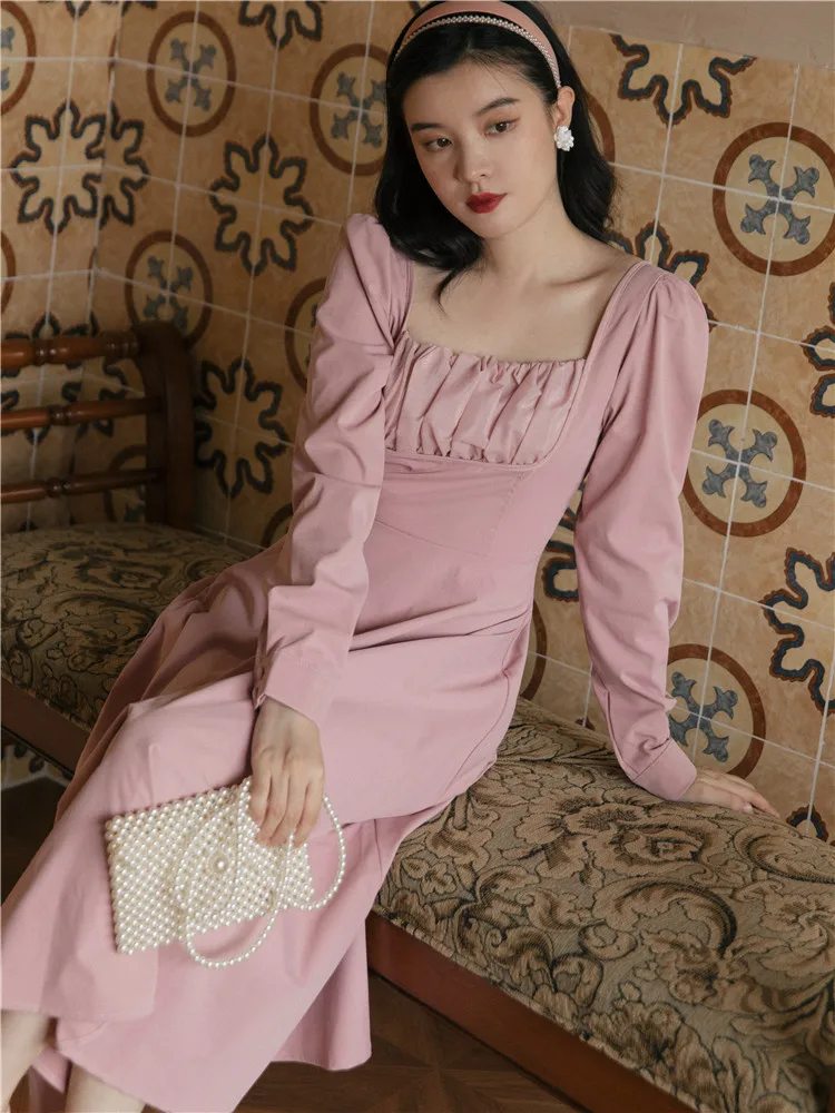 

Женское платье в стиле ретро, элегантное плиссированное платье с квадратным вырезом и длинным рукавом, модель Y2K на осень, 2021