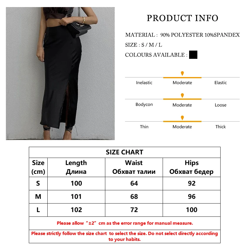 

Clacive Fashion Black Satin Midi Skirt Summer Bodycon High-Waisted Split Skirt Elegant Slim High Street Zipper Long Skirt Women