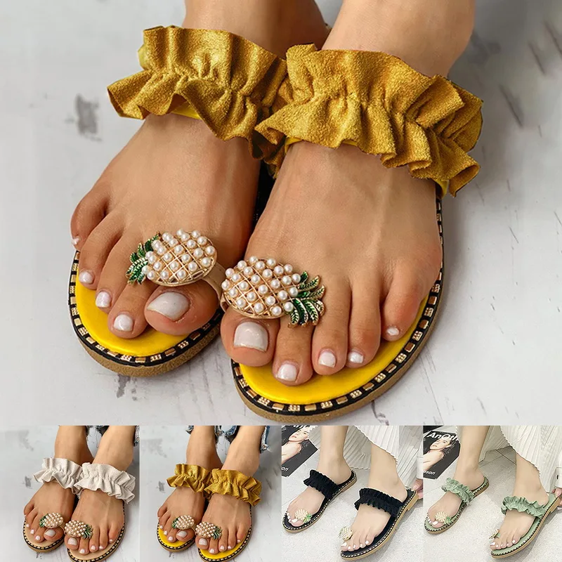 Women Slipper Pineapple Pearl Flat Toe Bohemian Casual Shoes Beach Sandals Ladies Platform Sandalias De Mujer 2020 | Обувь