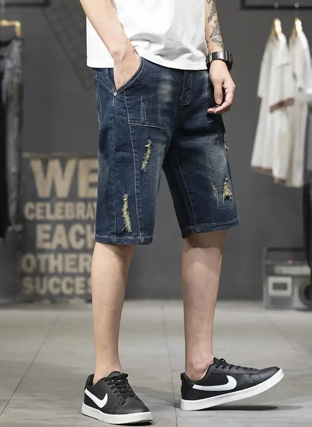 Men's Ripped Jeans Shorts Summer Fashion Casual Loose Straight High Quality Denim Shorts Male Brand Knee Length Jeans