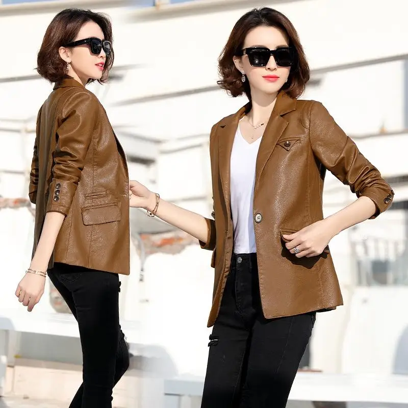 

2021 new Coat women's spring dress show thin suit foreign style back slit temperament tooling top versatile leather clothes