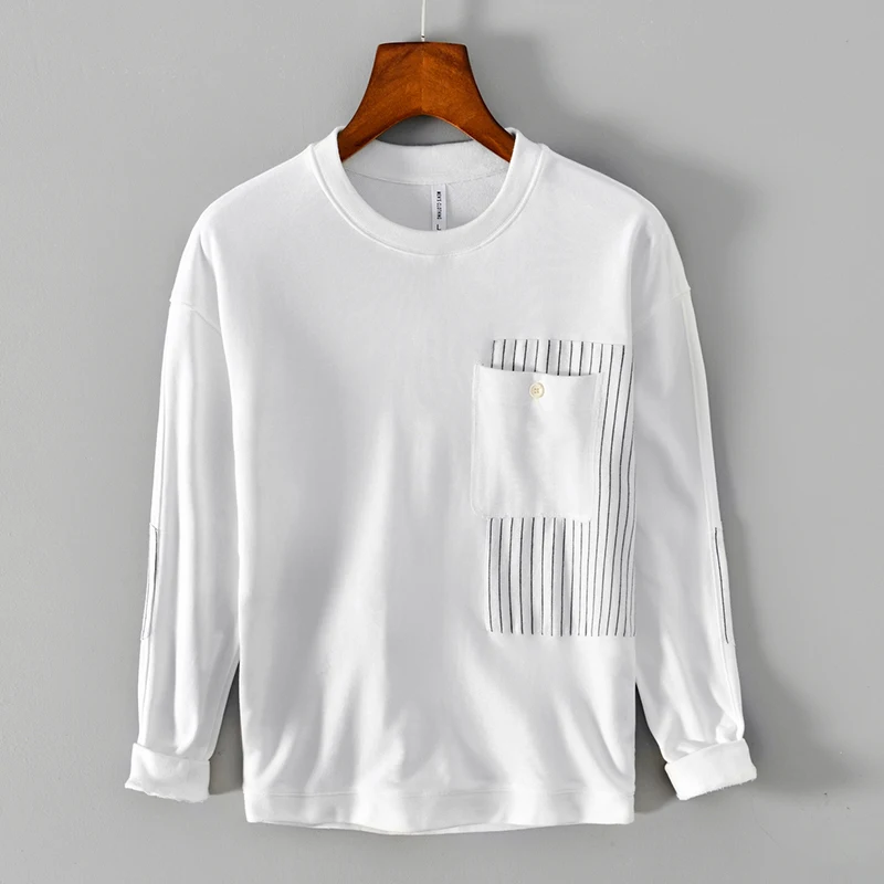 

Свитшот мужской в белую полоску, повседневный теплый пуловер из хлопка, Свободный джемпер с круглым вырезом, уличная одежда, осень-зима