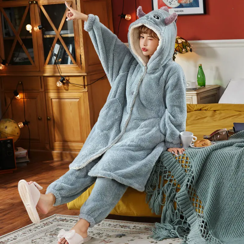 

Dinosaur Cute Warm Robe&Pants Nightgown Kimono Bath Gown Bathrobe Coral Fleece Nightwear Women Blue Sleepwear Intimate Lingerie