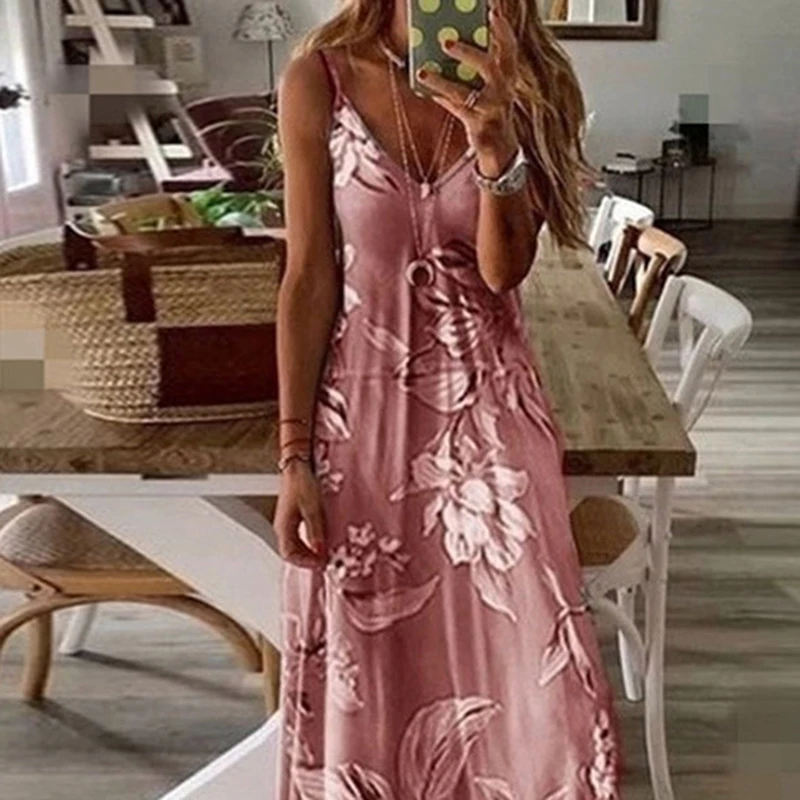 

S-8XL Ladies Women Maxi Dress Summer Casual Sexy Boho Printed Long Dresses Sleeveless V Neck Ladies Dress Loose Vestido