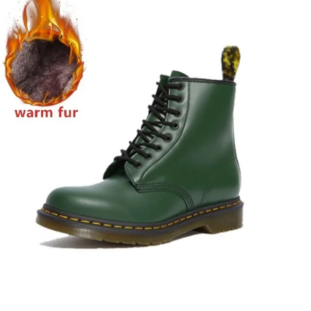 Fur Green Женские ботинки; мужские модные полуботинки martin из натуральной кожи для женщин; повседневные мотоботы на шнуровке; теплые зимние ботинки - Цвет: Fur Green