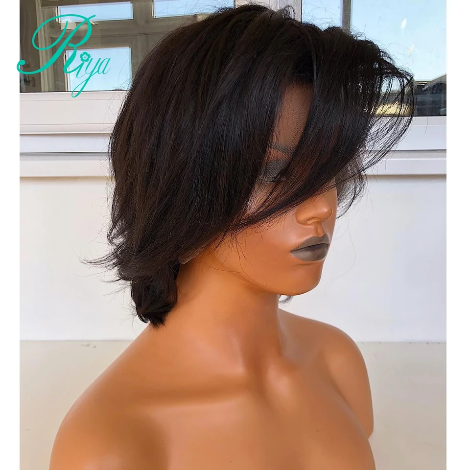 13X4 Pixie 130% короткий Боб срезанный на кружеве человеческие волосы парики для черных женщин 8-12 H Remy Предварительно выщипанный парик волнистый бразильский Riya