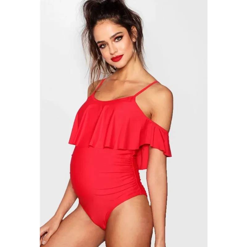 

Plus Size Maternity Bathing Suit Shoulder Swimsuit with Ruffle One Piece Tube Premama Swimming Wear Solid Pregnant Lady Swimwear