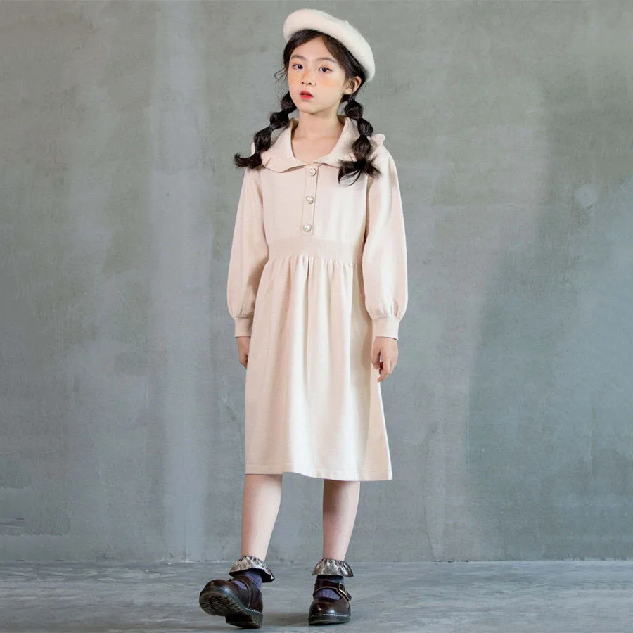 

Spring Front Pearl Button Ruffle Collar Long Sleeve Dress Girls 6-15 Years Nice Burgundy Knitted Cotton Minimalist Dresses Teens