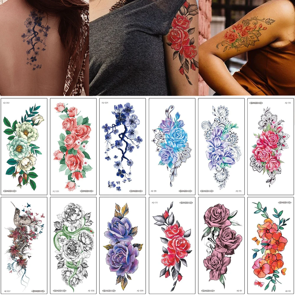 Цветные розы цветок временная татуировка имитация кружева пион змея дизайн для
