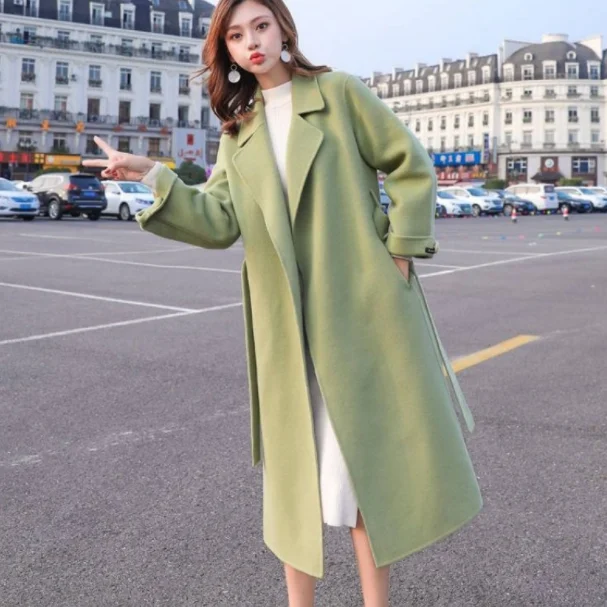 Новинка осенне зимнее пальто Женское шерстяное с поясом Длинная ветровка