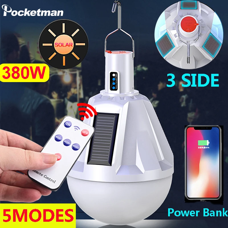 

380W 3 Side Solar Charging Bulb Outdoor Mobile Night Market Stall Lamp With Built in Battery LED Solar bulb Lamp With Hook