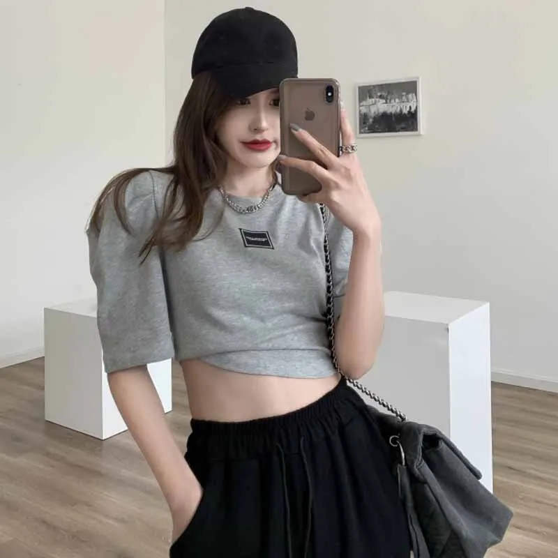 

Short Temperamental Puff Sleeve T-shirt Women's Summer 2021 New Korean Style Crew Neck Inner Bottoming Shirt Loose Top