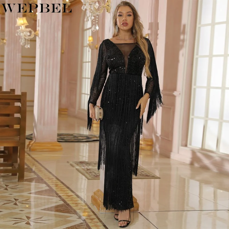 

WEPBEL Women's Sexy Mesh Sequins Tassel Party Evening Dress Ladies Elegant Long Sleeve O Neck High Waist Corset Prom Gown