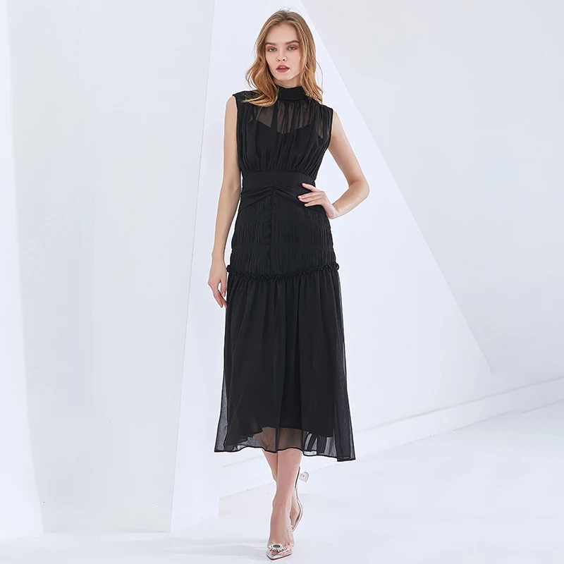 

Платье-миди черное с круглым вырезом, без рукавов, с высокой талией и рюшами