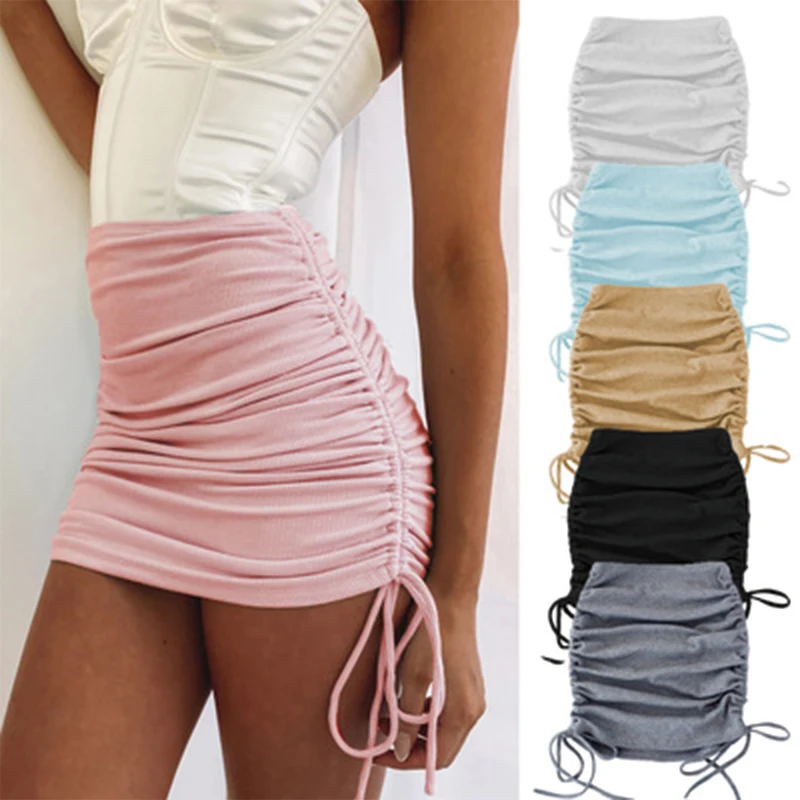 

2021 Summer Woman Knitted Skirts Side Drawstring Elastic Female Skirts Sexy Slim Adjustable Package Hip Solid Mini Skirts