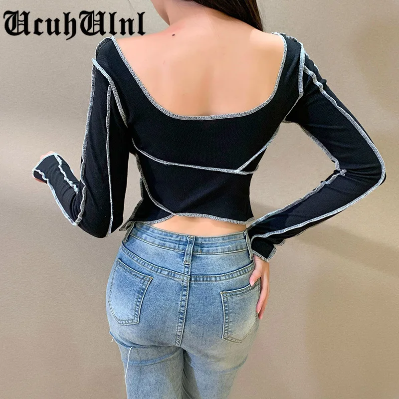

Women Streetwear Punk Patchwork Black T Shirt Gothic Harajuku Long Sleeve Crop Tops Casual Fashion Backless Autumn Tops