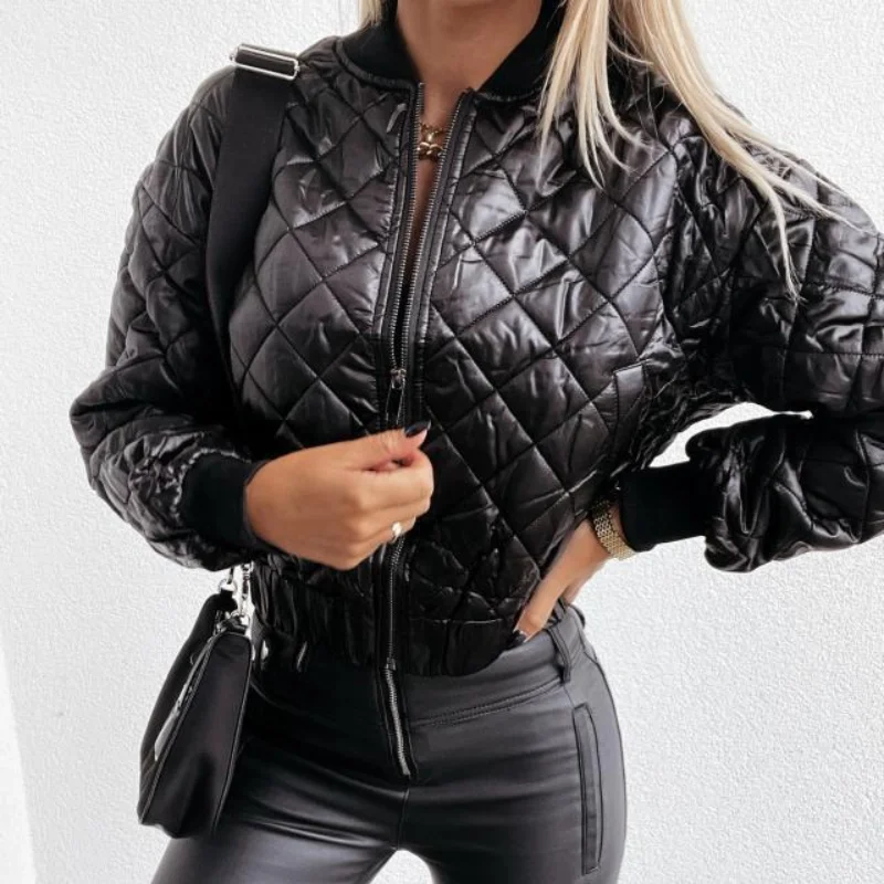 Women Short Zipper Cotton Jacket Stand Collar Argyle Slim Parka 2021 Autumn Winter Solid Long Sleeve Warm Coat  Fashion Jacket
