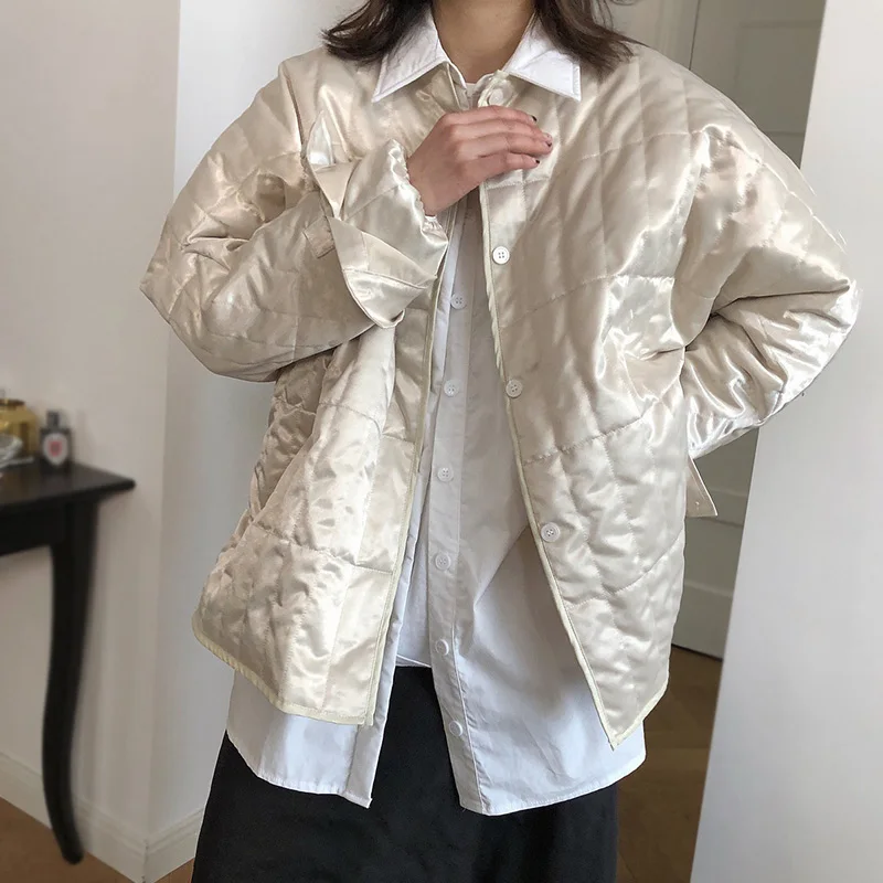 Oversize Bright Satin Parka Lightweight Warm Long Sleeve Jackets Women Coats Retro Outwear 2020 Autumn Winter Fashion