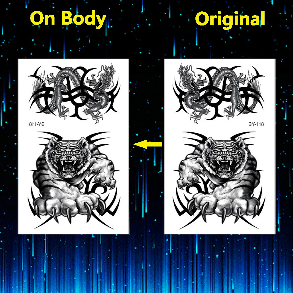 Временные татуировки Черного Тигра и дракона для мужчин поддельные 3D стикер