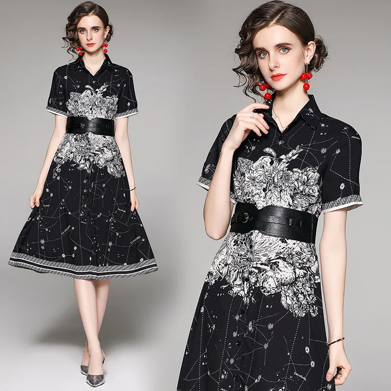

Euro-American England Style Women French Dress Black Floral Print Designer Brand Luxury Party Sashes Belted Tunic Shirt Dresses