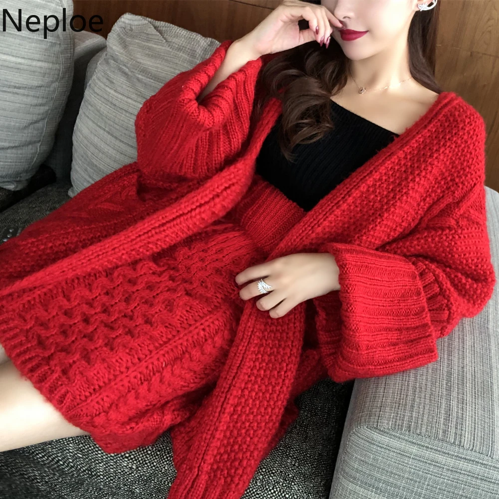 Neploe/осень-зима, комплекты с свитером, толстый кардиган средней длины+ мини-юбка с эластичной резинкой на талии, красный вязаный костюм большого размера