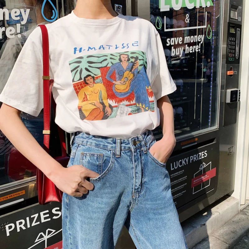 100% хлопок Ретро стиль с рисунком женские летние футболки из хлопка круглым