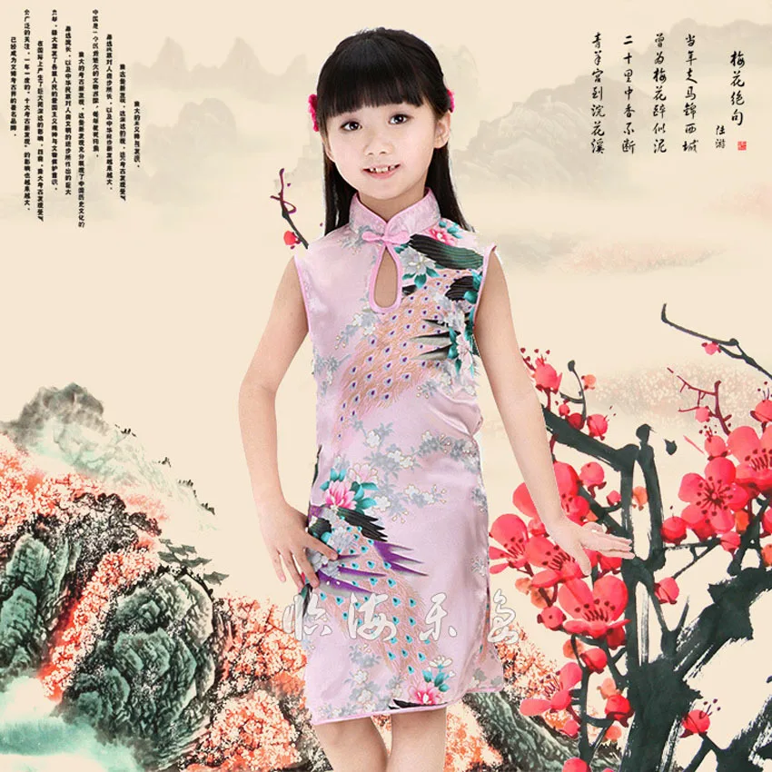 

2021 Girls Cheongsams Dress Chinese Traditional Costumes Vintage Vestido Tang Suit Peacock Satin Kimono Split Dresses For Kids