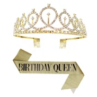 Королева на день рождения, атласная лента, пояс, розовое золото, Хрустальная корона, тиара для девочки на день рождения, наплечный ремень, этикетка, пояс, декор Вечерние