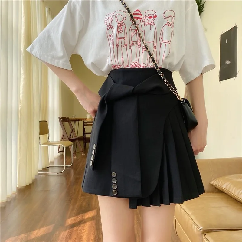 Gaganight Korean Women Empire Pleated A-line Skirts Spring Summer New Solid Sashes Mini Jupe Students Chic Faldas Mujer 2021 | Женская