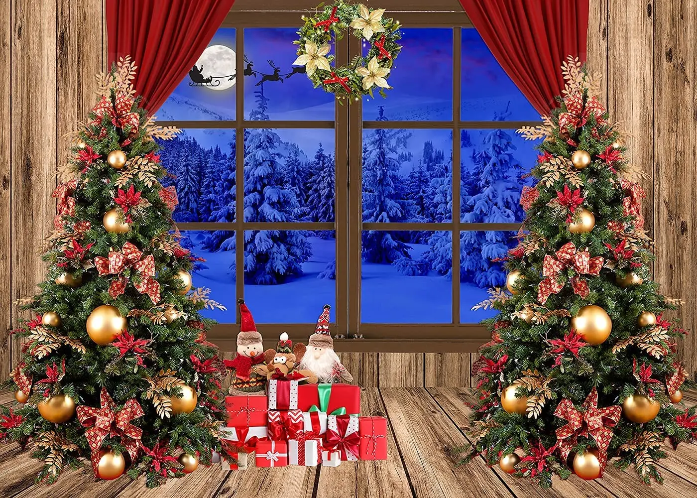 Christmas Window Photo Backdrop Winter Xmas Tree Wood Wall Photography Background Santa New Year Gift Banner enlarge