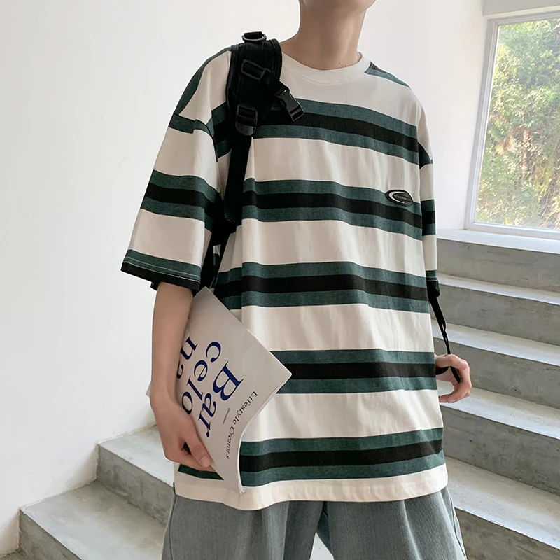 

2022 Summer Spliced Hit Color Striped Short Sleeve Men T Shirt Korean Fashion Trend Teens Oversized Harajuku Clothing Streetwear