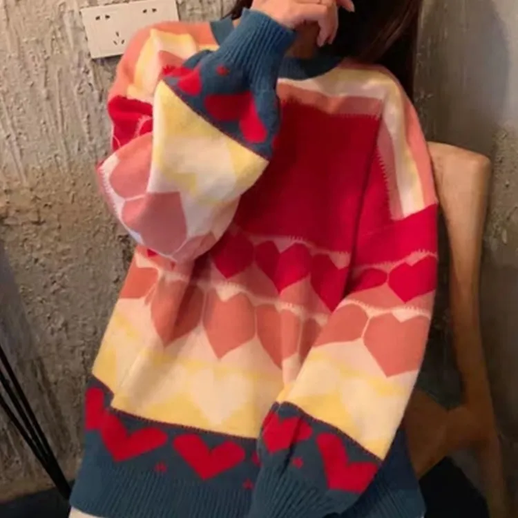 

Женский трикотажный свитер, пуловер контрастных цветов с красным сердцем, одежда в Корейском стиле, зима 2021