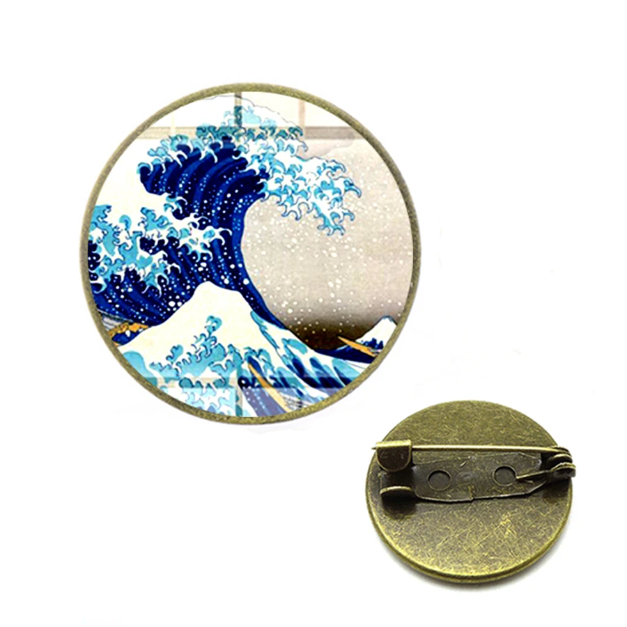 Классическая картина серфинг Kanagawa броши японская Ukiyo e Art синяя морская волна 3D