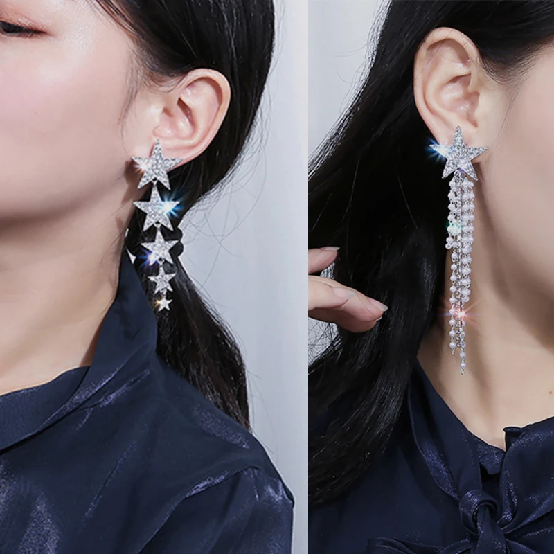 

AENSOA Fashion Crystal Star Long Drop Earrings For Women Trendy Pearl Tassel AB Style Earring Gift Statement Party Jewelry 2020